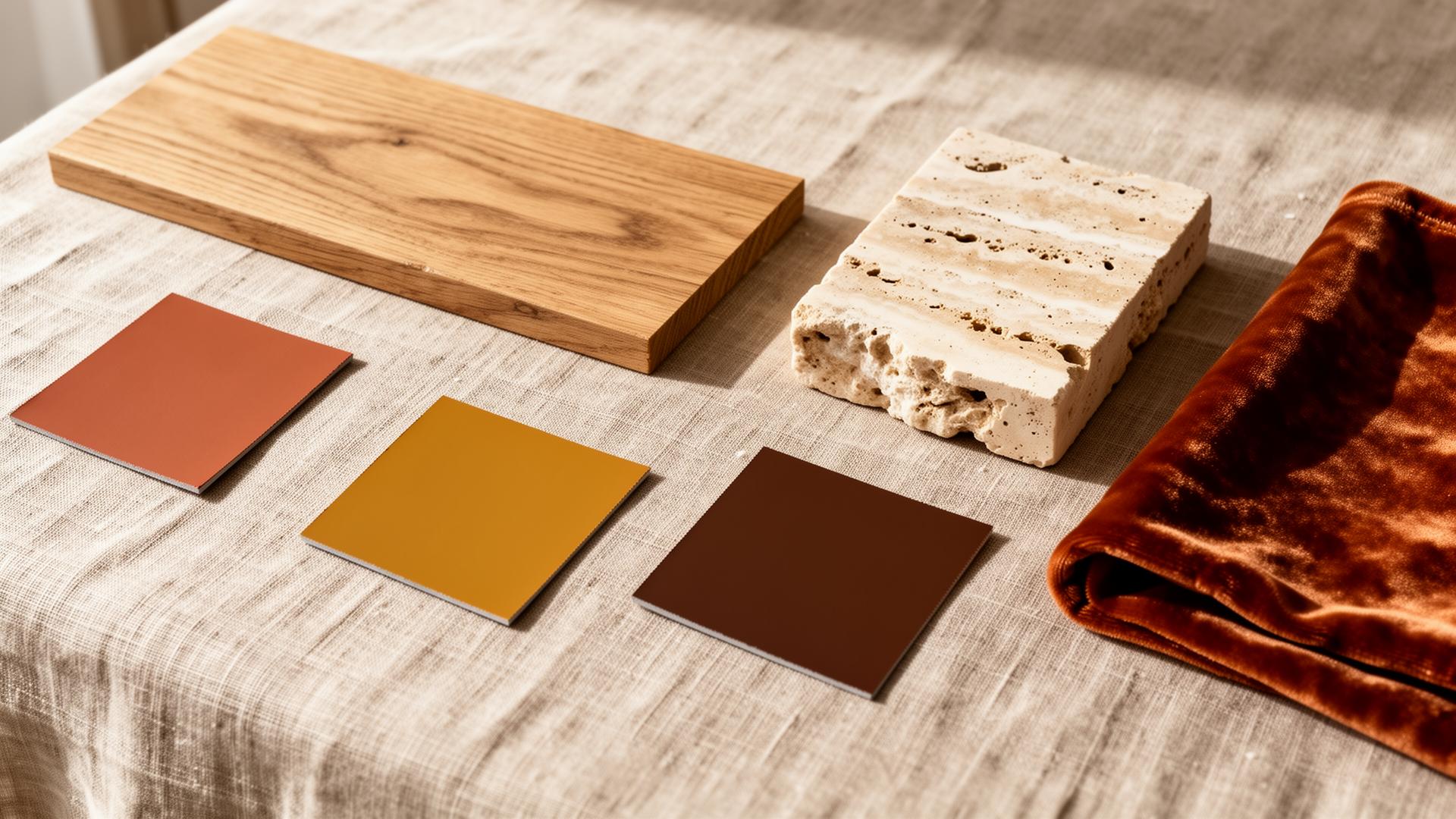 Materiaalsamples op linnen: terracotta, oker, umber verfswatches, eikenhout, travertijn en roest velvet