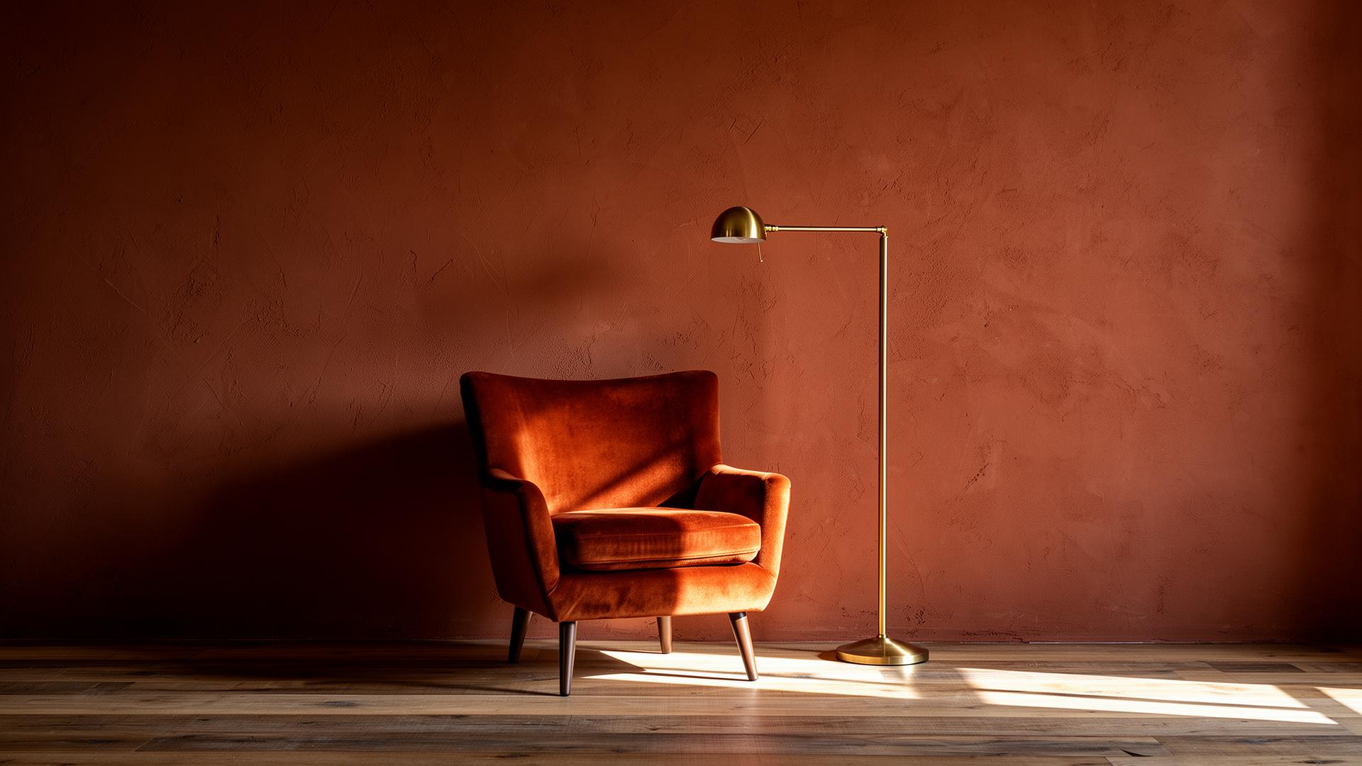 Roest-kleurige velvet fauteuil bij textuurrijke kleibruine plasterwand met messing leeslamp