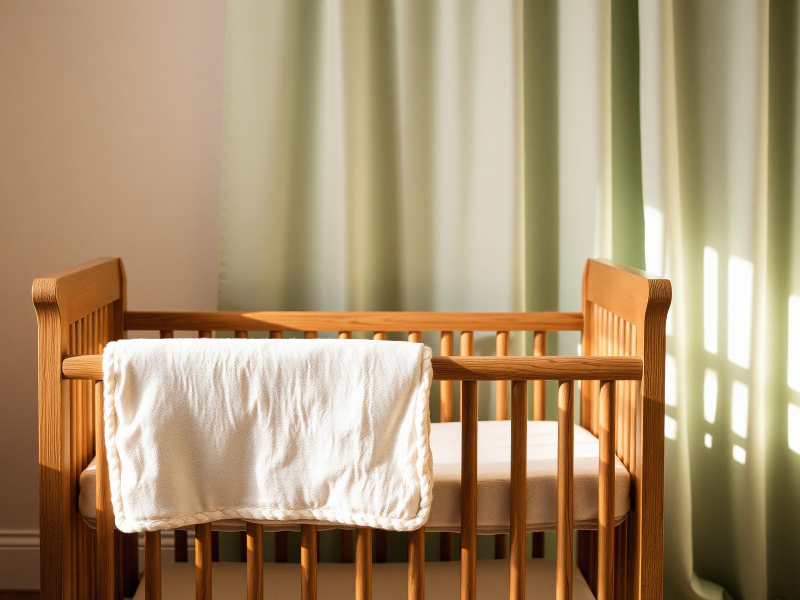 Detail babykamer met oak wieg en muselin deken in zachte oat, sage gordijn op achtergrond