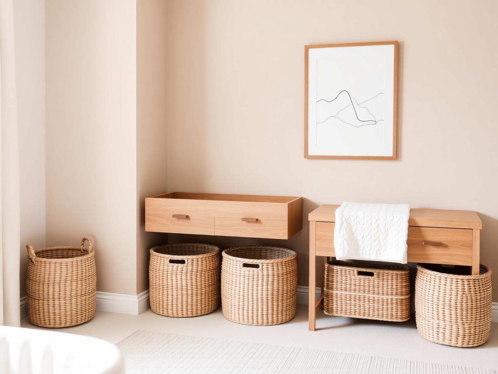 Babykamer hoek met geweven opbergmanden, oak ladekast en lijst kunstwerk