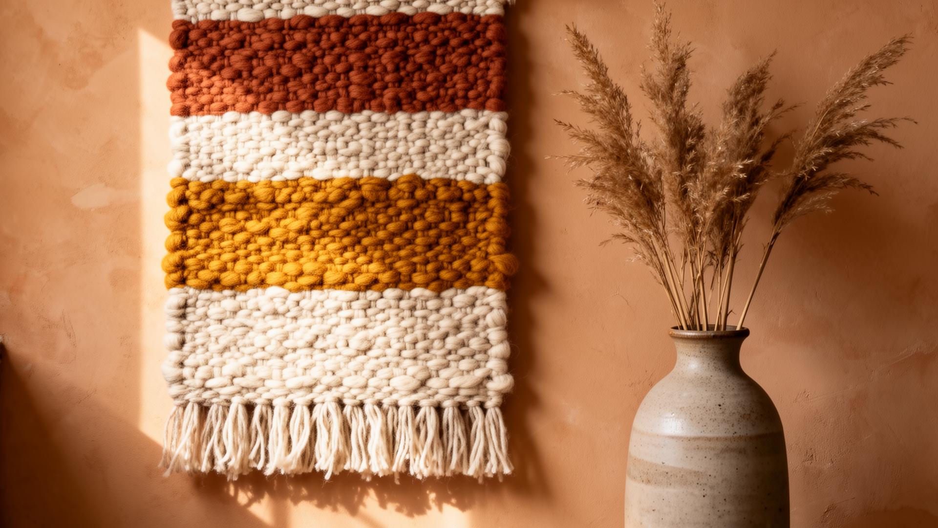 Handgeweven wandkleed in klei-, oker- en cremetinten naast stoneware vaas met grassen