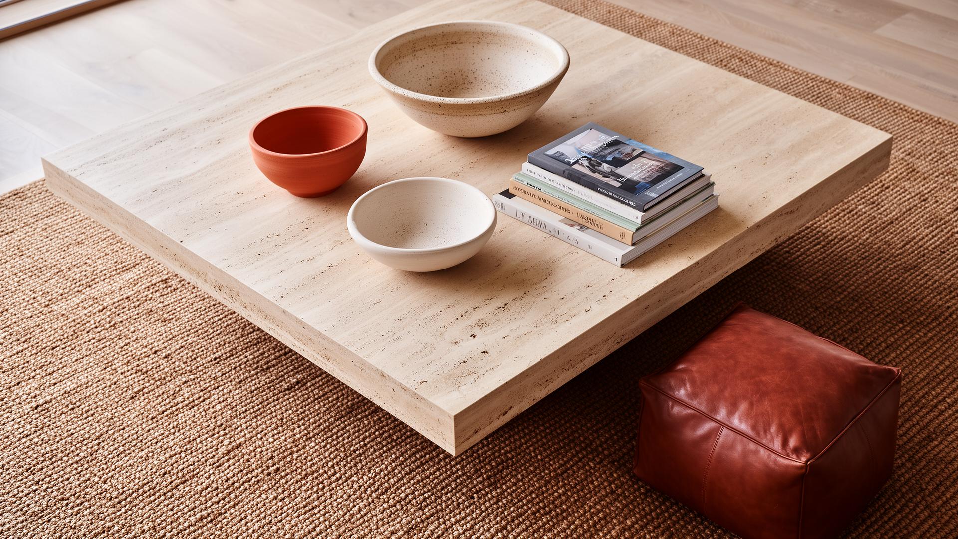 Travertijn salontafel met handgedraaide stoneware kommen en bruine leren poef op sisaltapijt