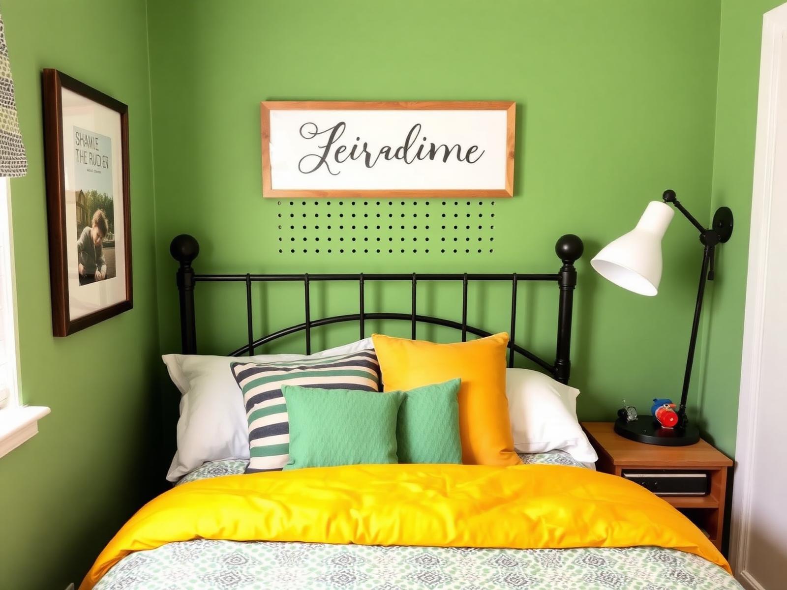 Detail gedeelde kinderkamer met individuele leeslampjes en wandpegboard per kind