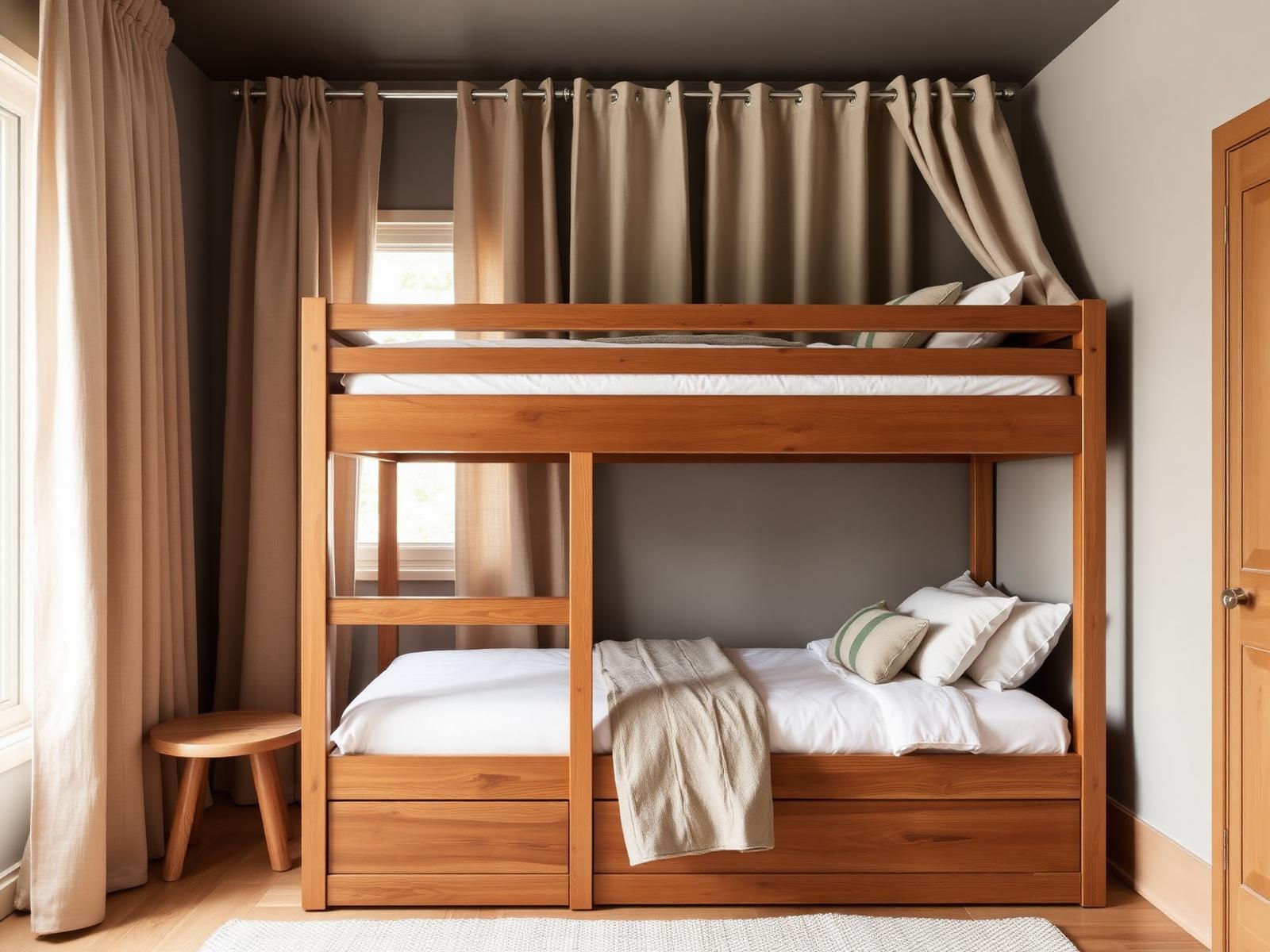 Gedeelde kinderkamer met stapelbed in oak en linnen gordijnen