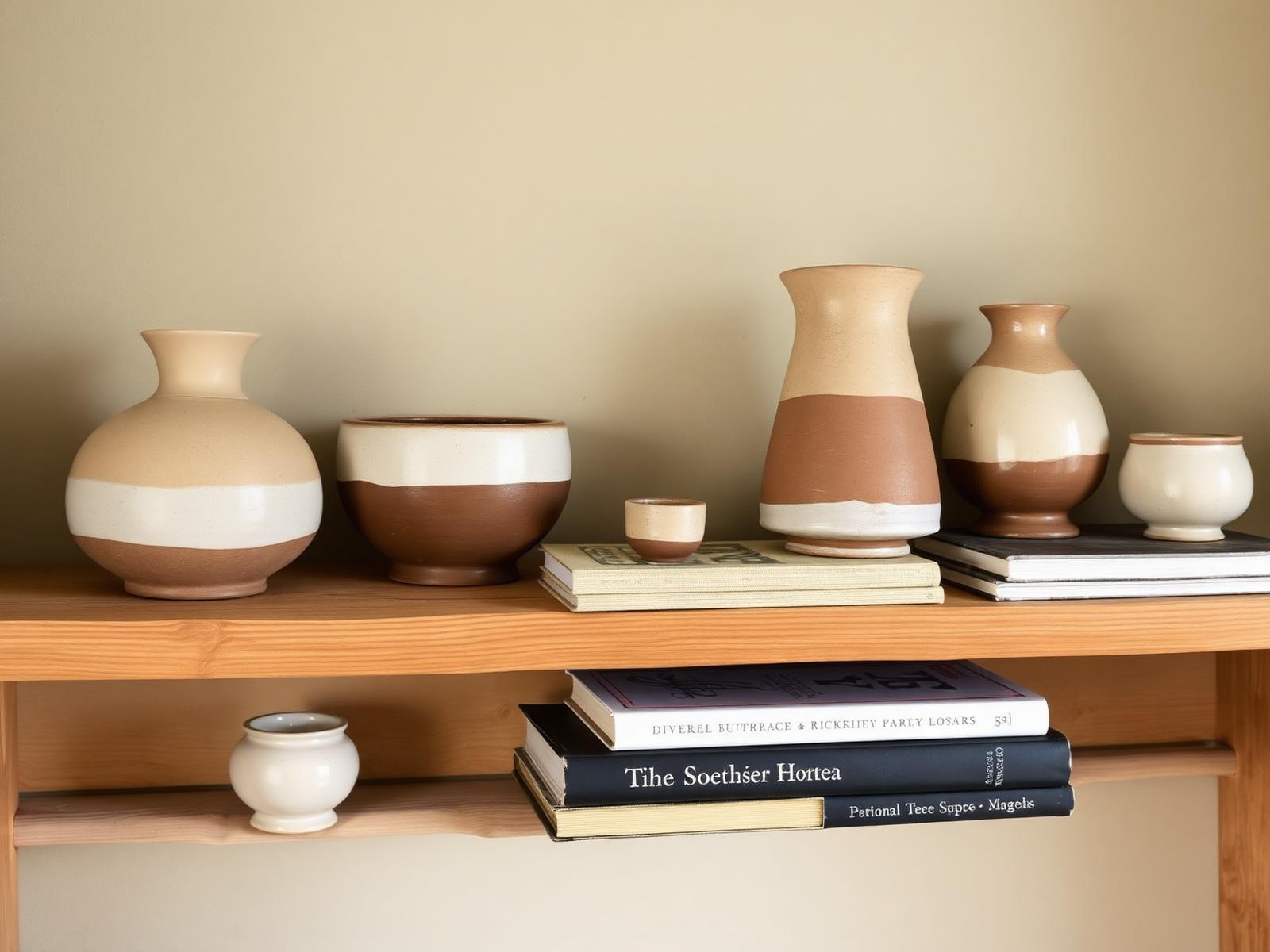 Detail van handgemaakte ceramic vases op gerecycled oak plank met vintage boeken