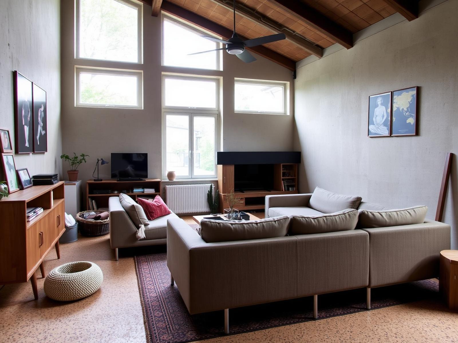 Duurzame Nederlandse woonkamer met tweedehands sofa, hempcrete wanden en kurkvloer