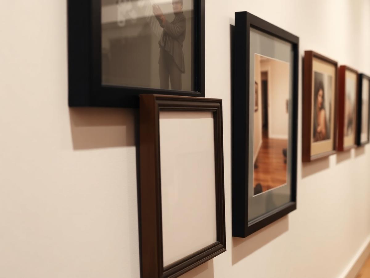 Detail van een galerijwand met overlappende ingelijste werken in zwart en hout