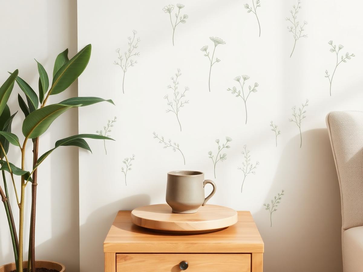 Gestileerde botanische muurstickers in zachte sage groen boven een houten bijzettafel