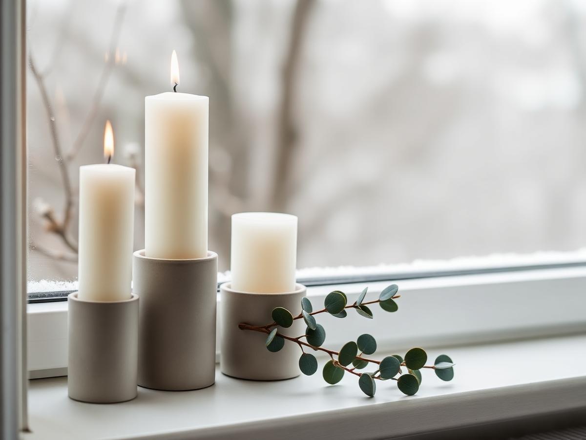 Vensterbank in vroege winter met drie matte kaarsen op verschillende hoogtes en eucalyptus tak
