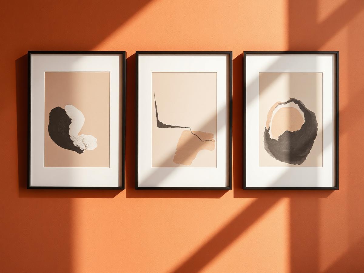 Drie abstracte zwart-witte prenten in zwarte lijsten op een terracotta wand