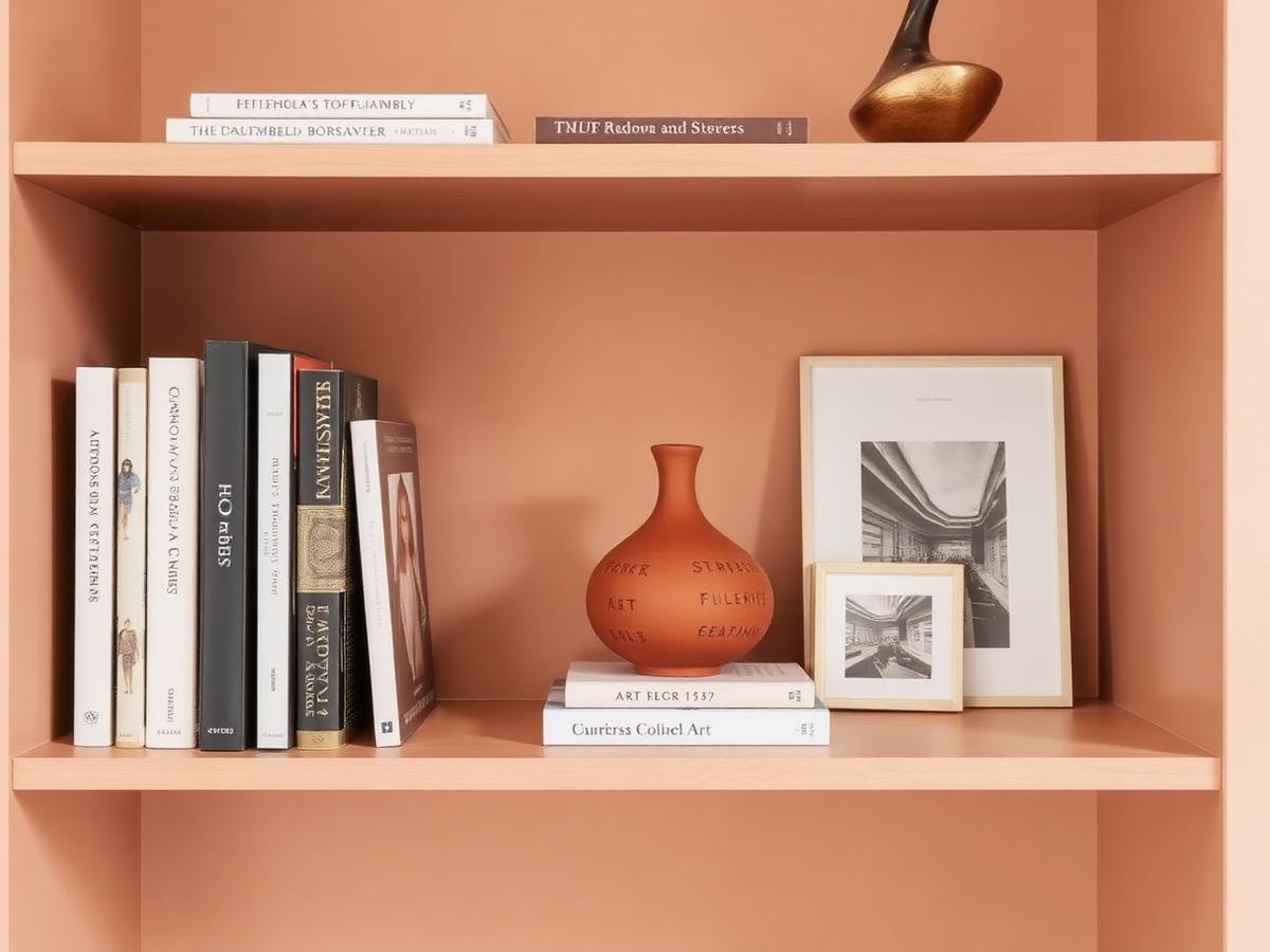Open plank met boeken, terracotta vaas en kleine ingelijste foto in een warm kleurenpalet