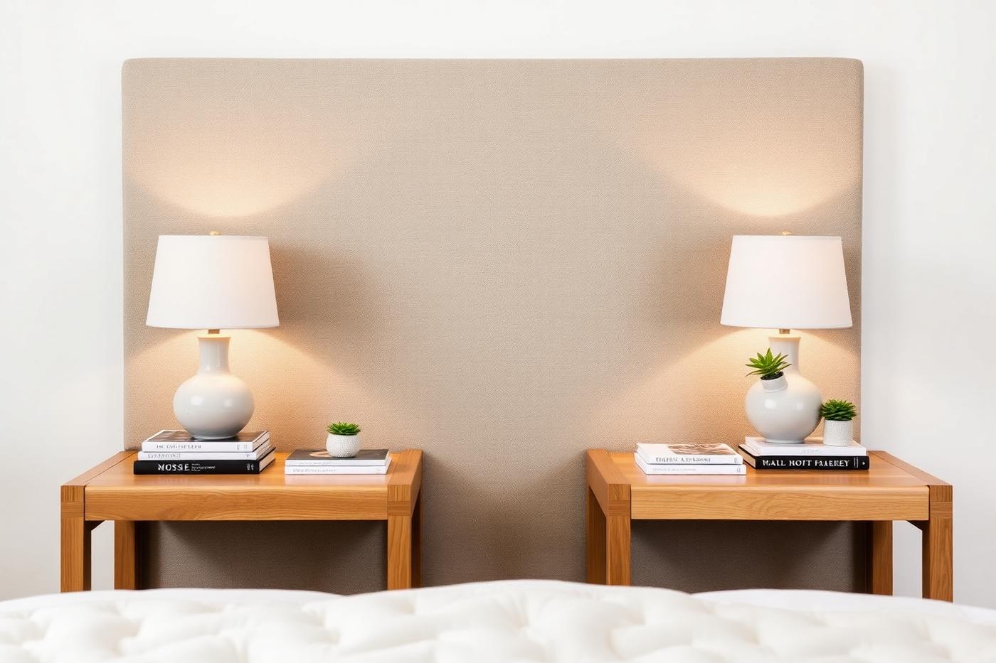 Symmetrische slaapkamer met identieke nachtkastjes en lampen aan weerszijden van het bed