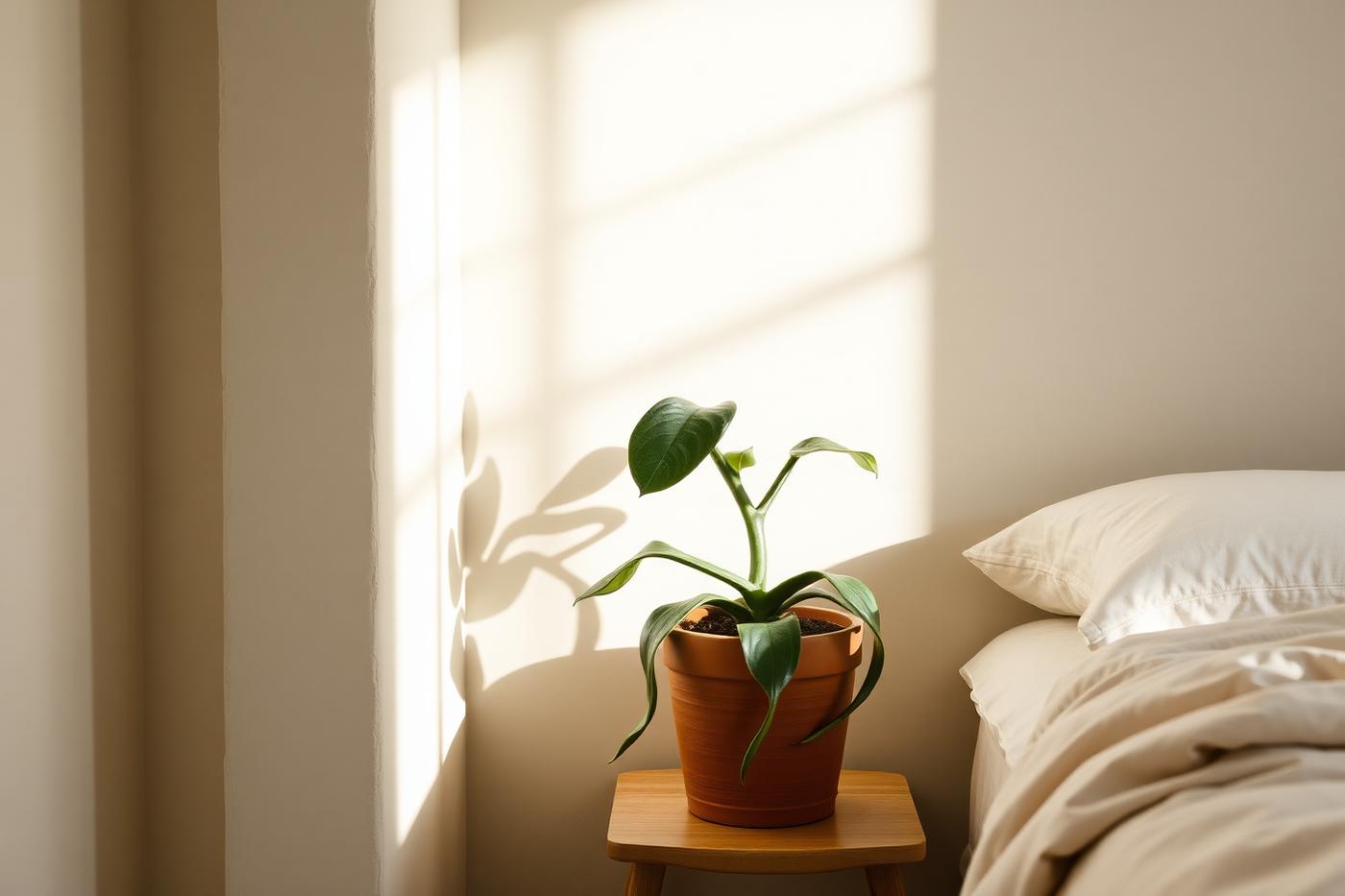 Slaapkamer hoek met levende plant in terracotta pot en zacht natuurlijk licht