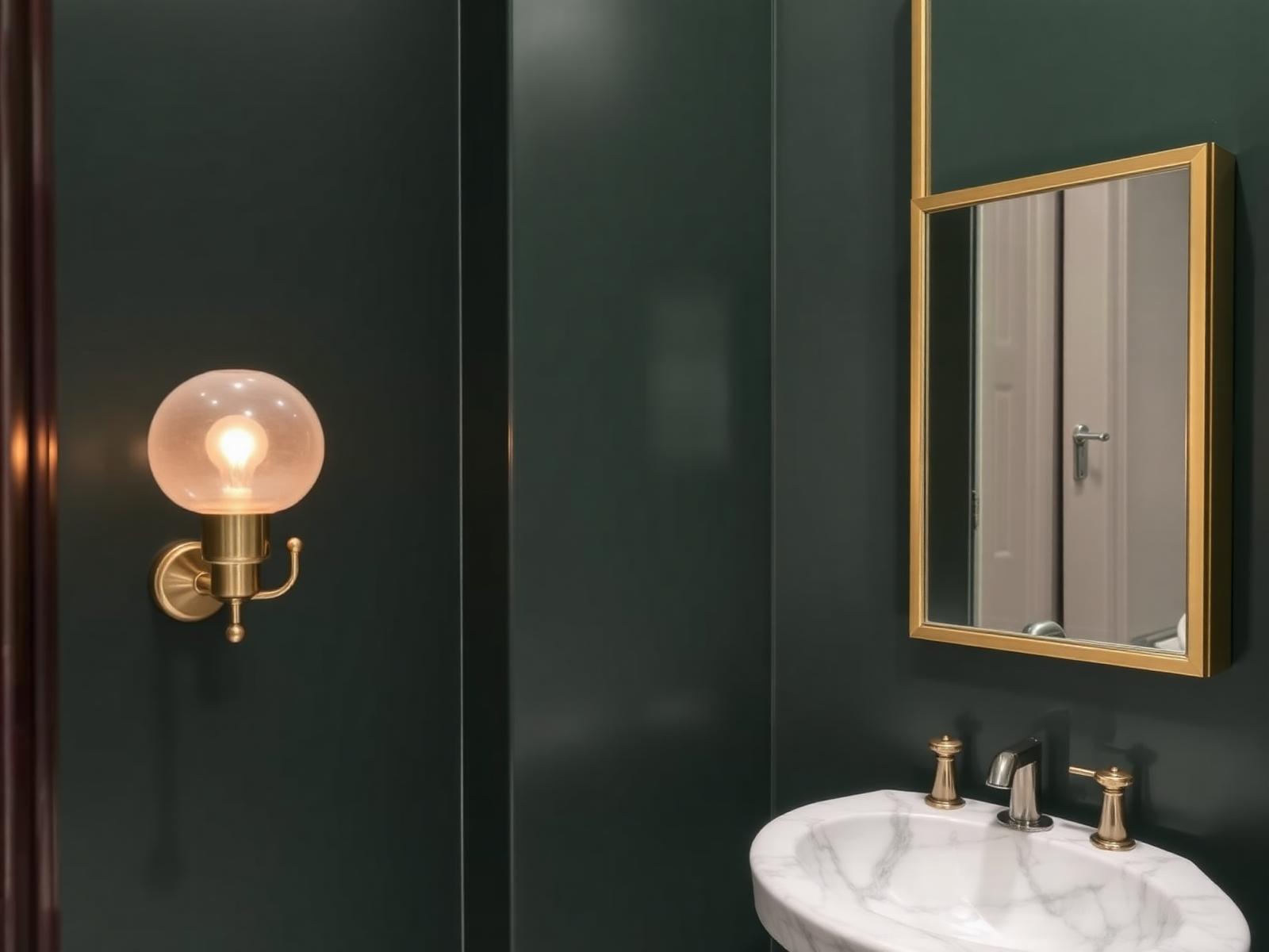 Detail van brass wandlampen tegen donker emerald wand met marmeren wastafel