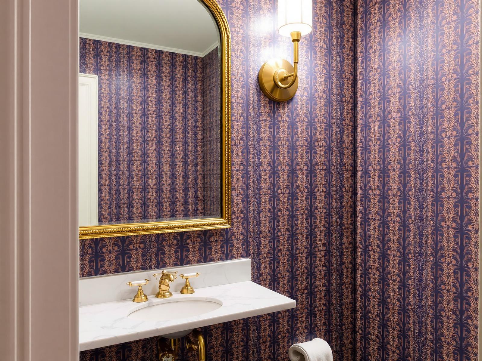Gastentoilet met dramatisch patroonbehang in donkerblauw en oranje, antieke spiegel