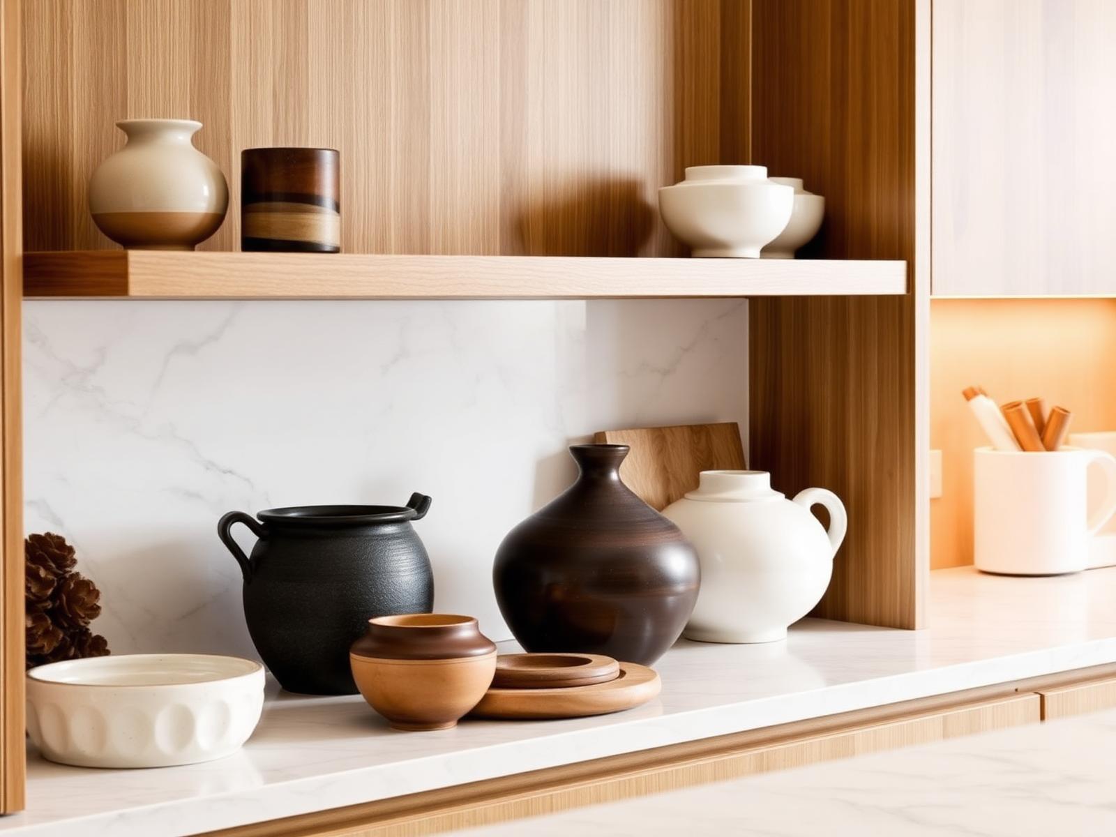 Detail keuken met enkele oak floating shelf en marmeren spatwand met ceramic objects
