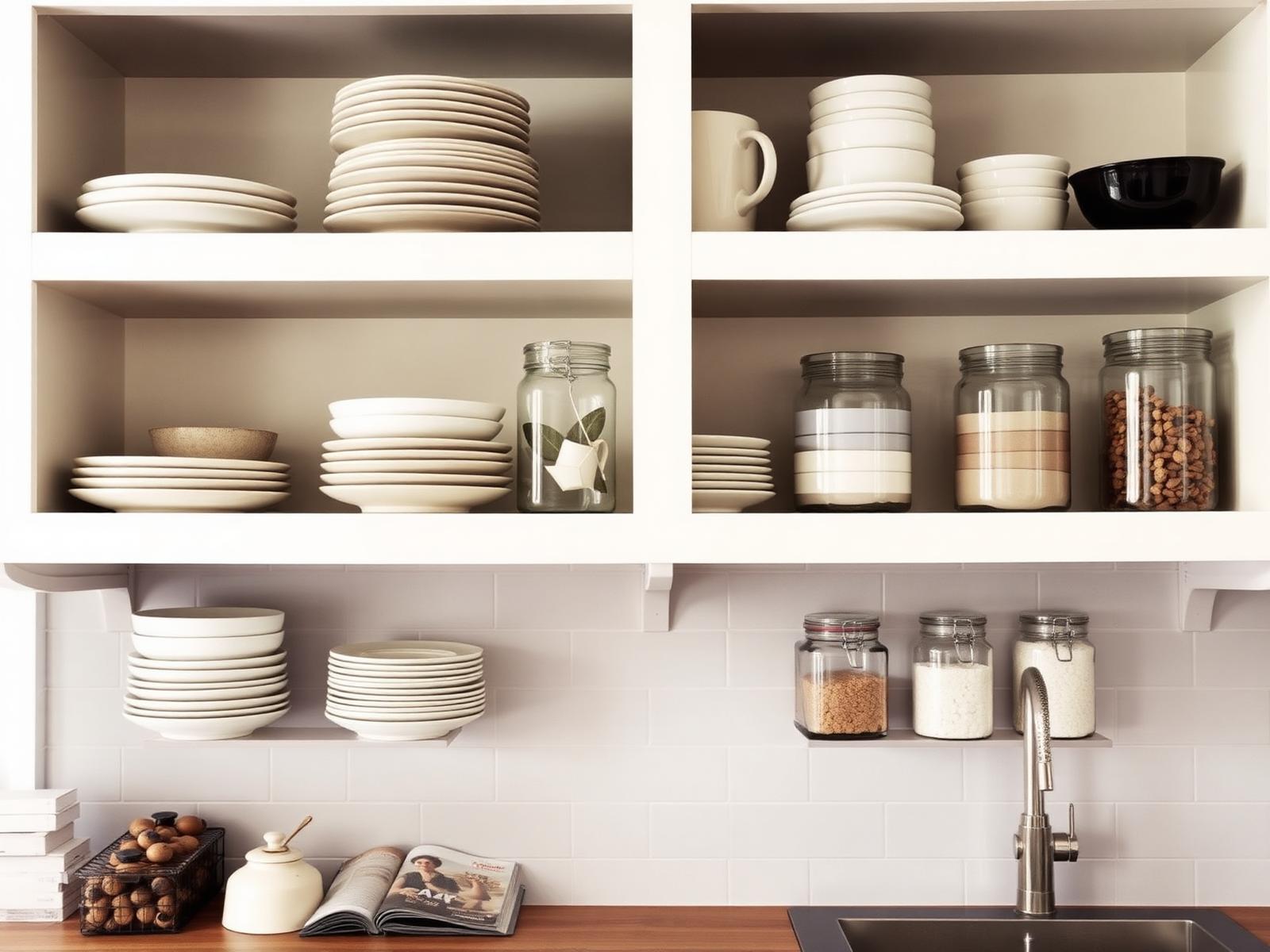 Open keukenplanken met witte stoneware borden en glaspotten met voorraad