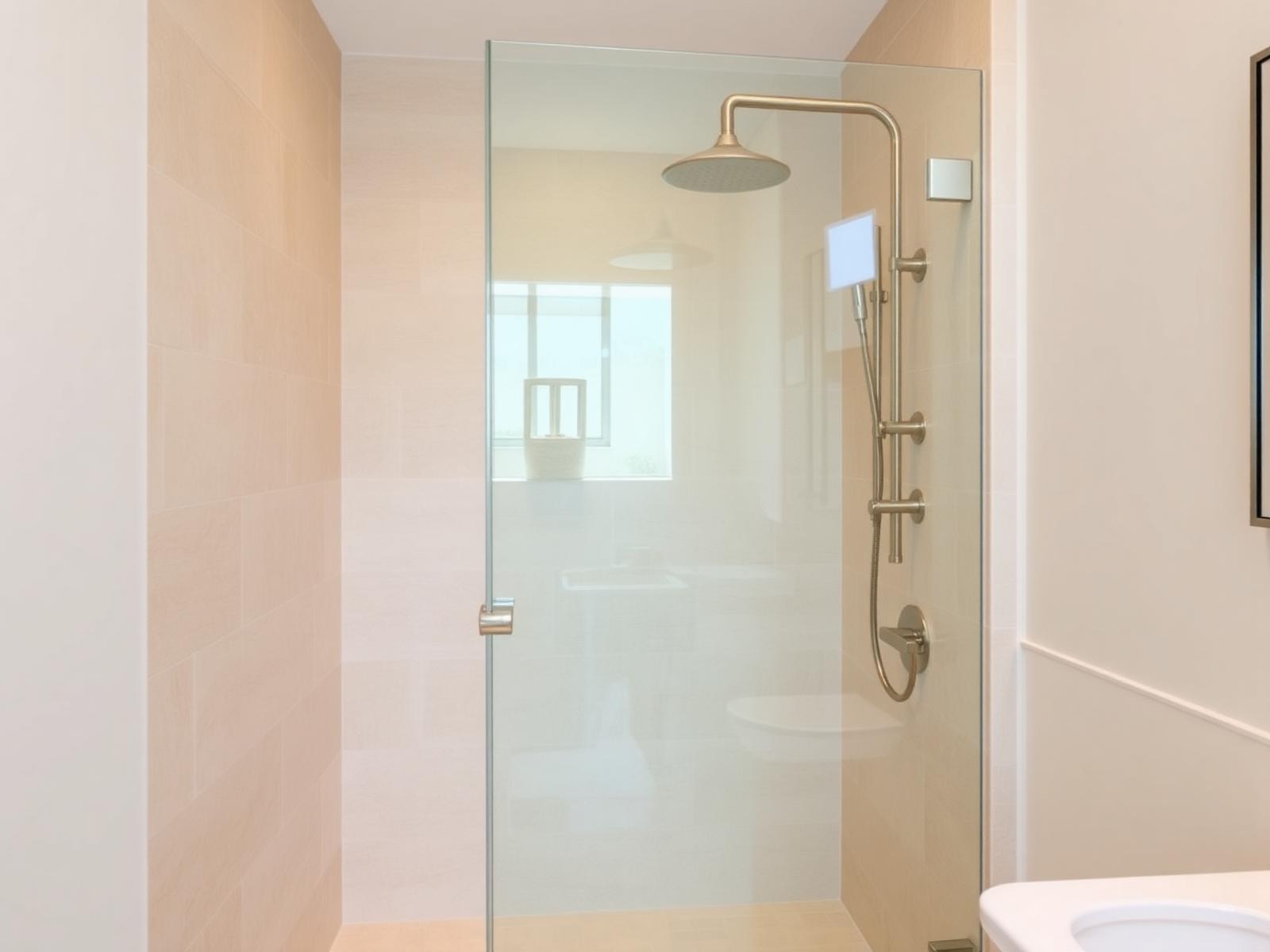 Inloopdouche met enkele glaspartij, brushed brass shower en travertijn tegels