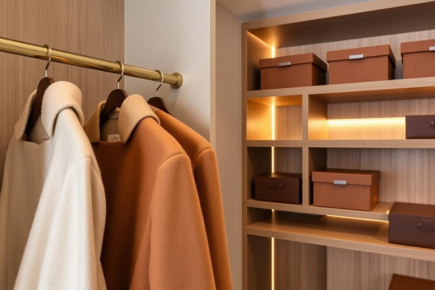 Detail van inloopkast met messing rail, cashmere jassen en verlichte lades
