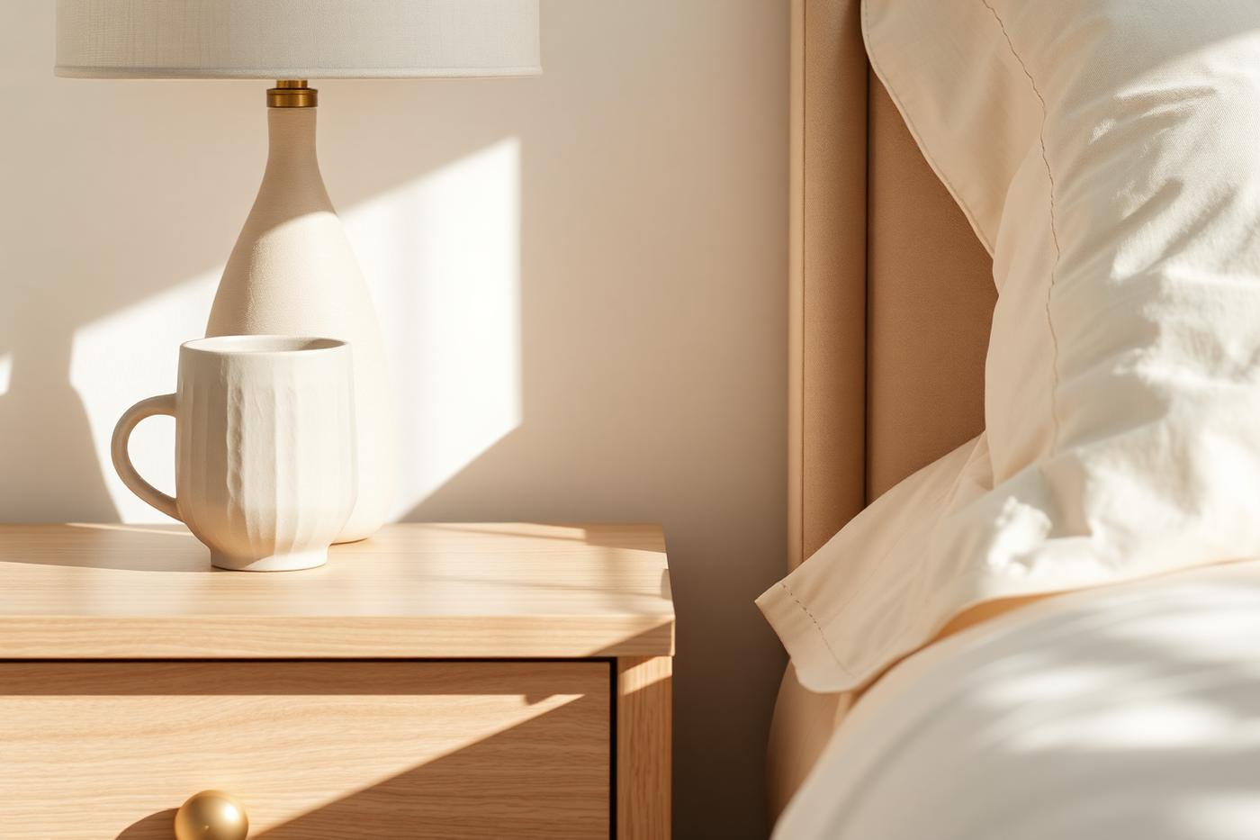 Detail van een Japandi nachtkastje in licht eiken met linnen lamp en keramiek beker