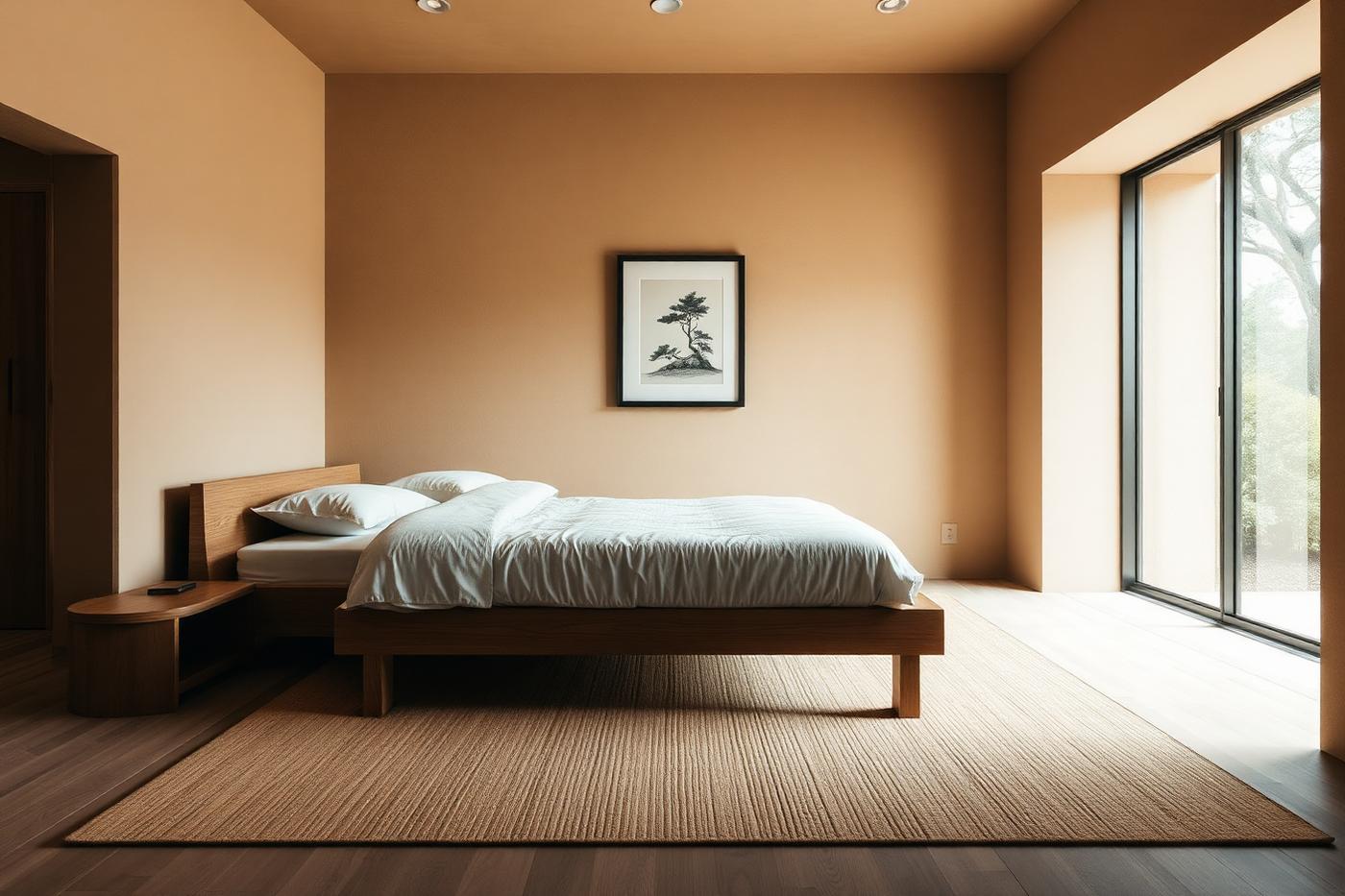 Brede opname Japandi slaapkamer met lage bed, washi-lamp en bonsai-kunst aan de muur