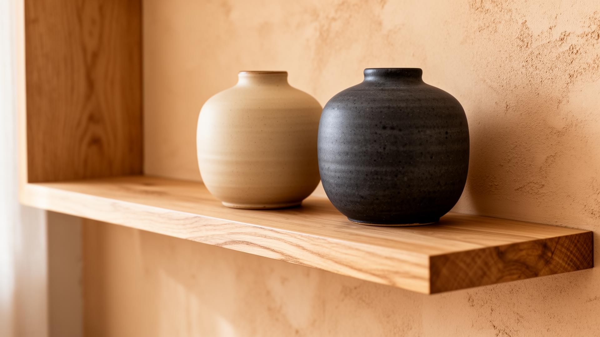Eiken plank met twee handgedraaide stoneware vazen tegen kleibruine wand
