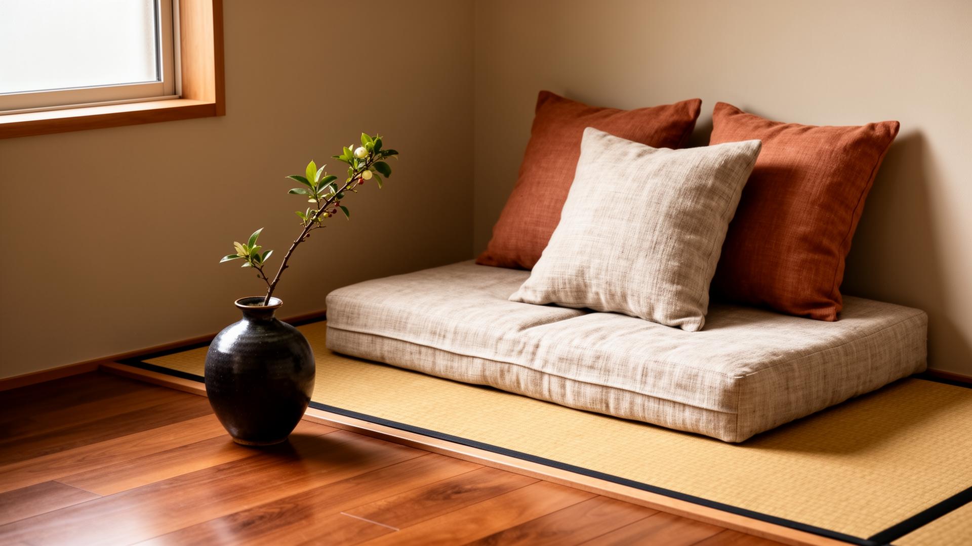 Lage linnen daybed op tatami-mat met enkele ikebana-tak in donker keramiek