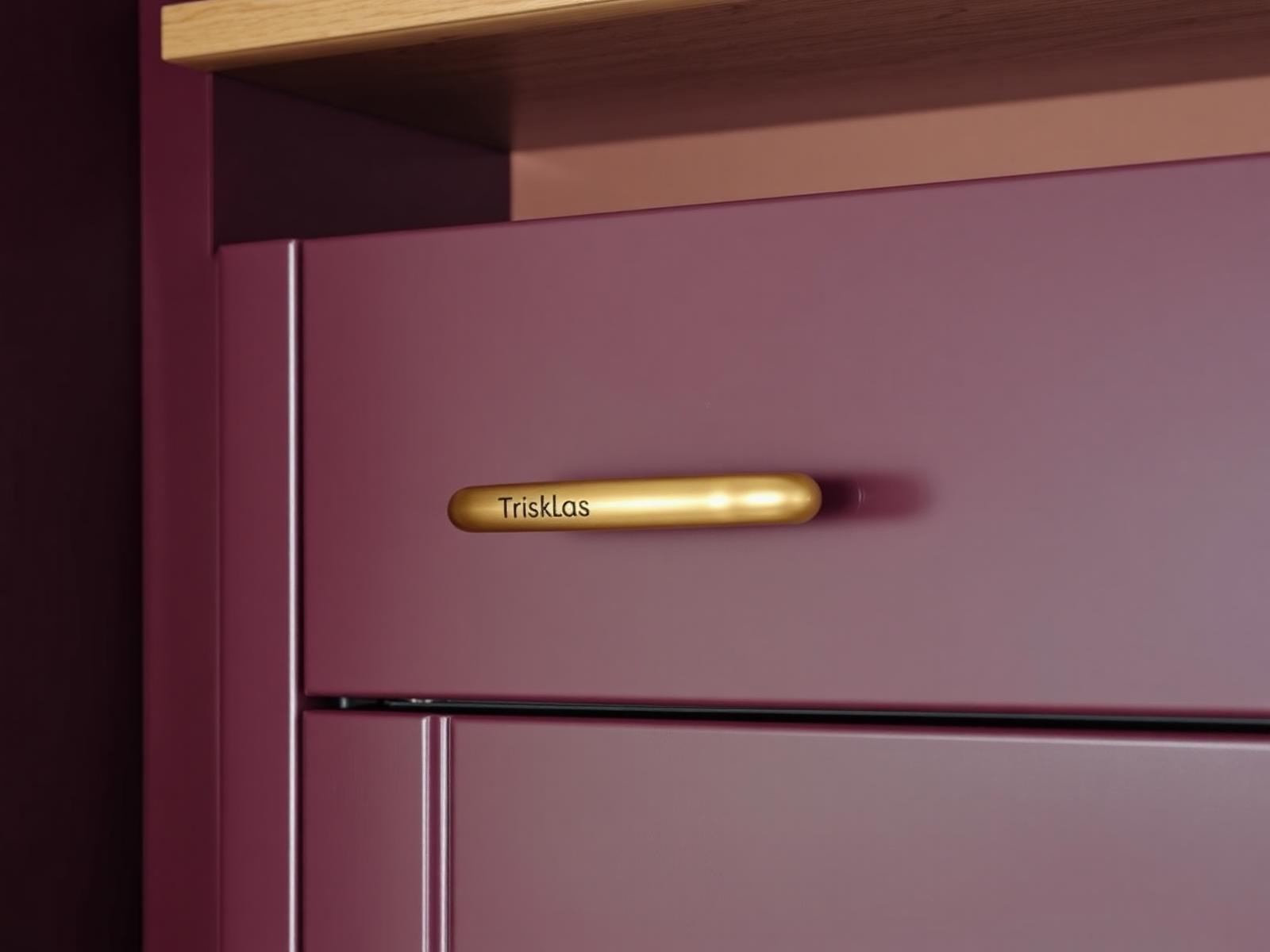 Detail diepe burgundy keukenkast met geborsteld messing greep
