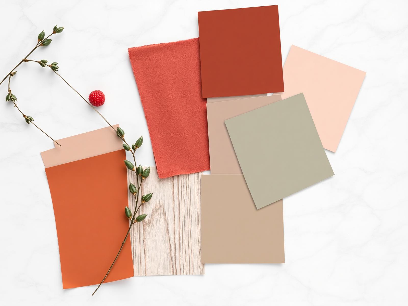 Mood board flatlay van 2026 keukenkleurtrend met paint swatches en stof samples