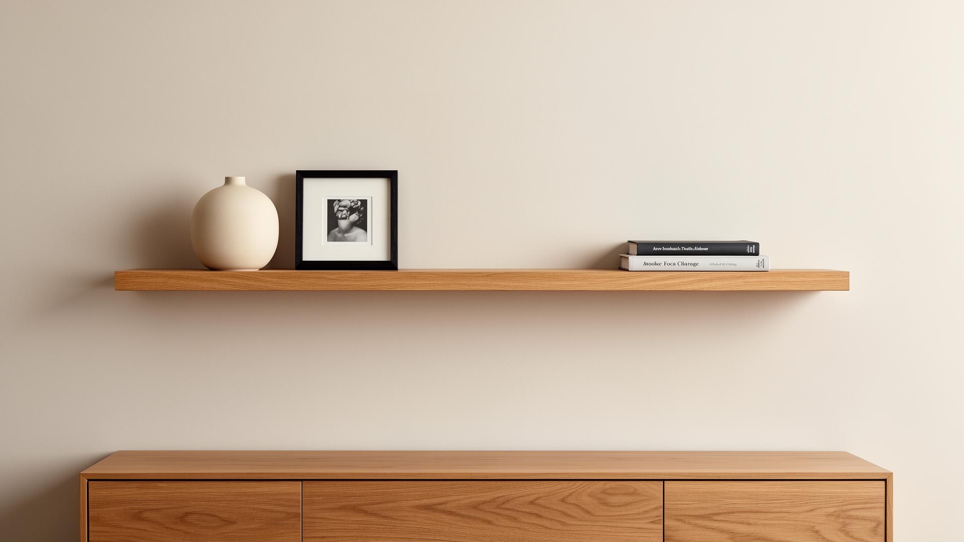 Strakke oak plank-shelf boven dressoir met drie objecten en veel lege ruimte
