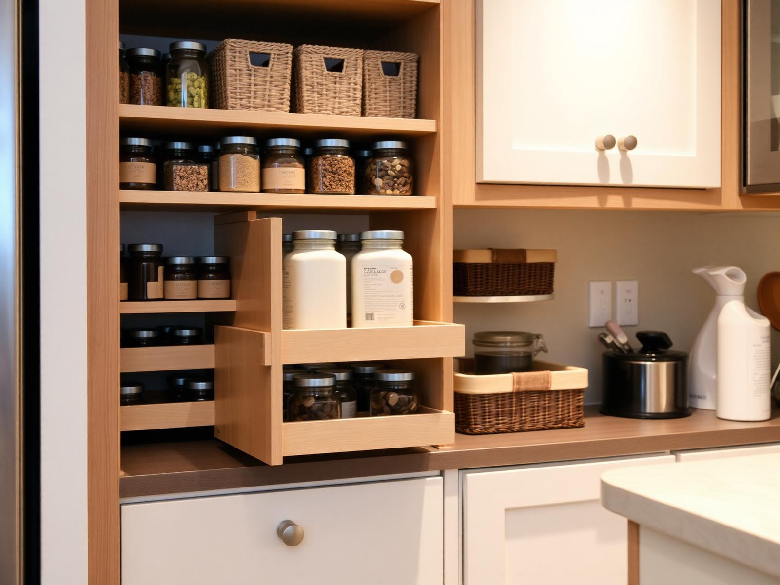 Detail pull-out pantry kast in kleine keuken met netjes geordende potten en manden