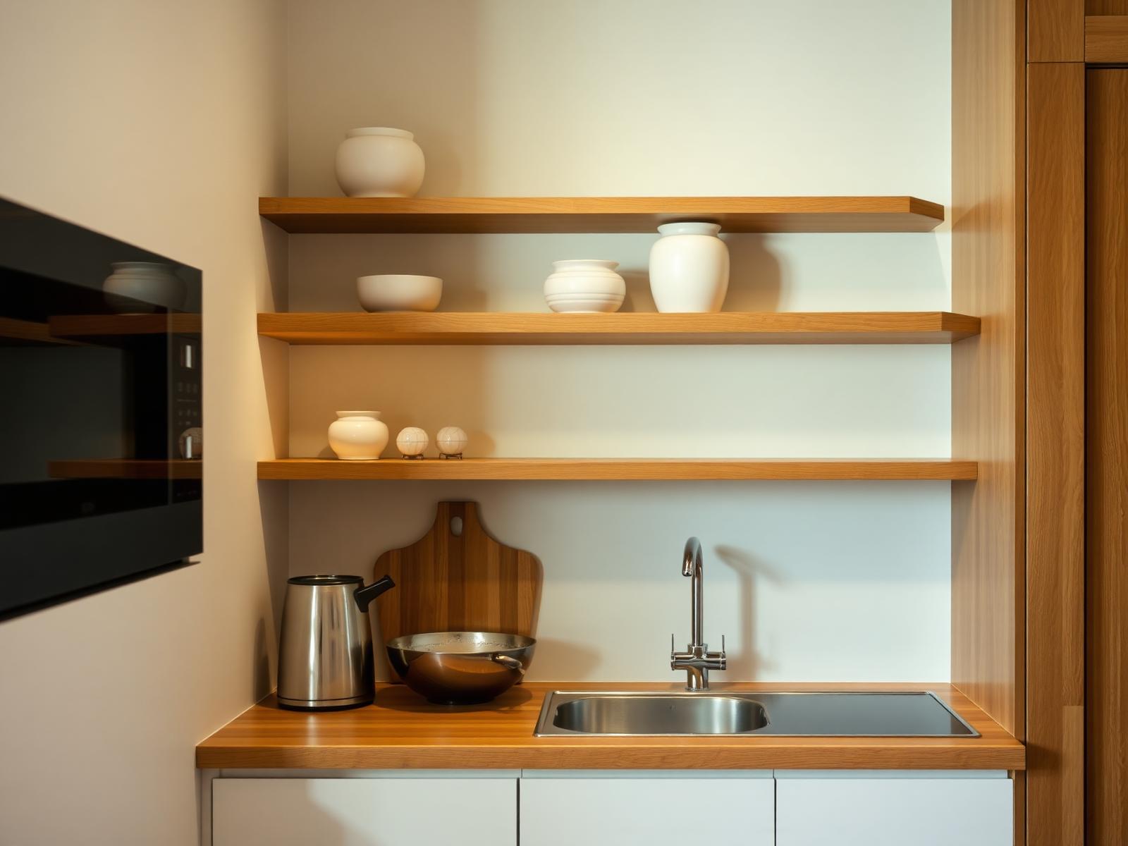 Compacte keukenhoek met smalle oak plank boven werkblad en ceramic vessels