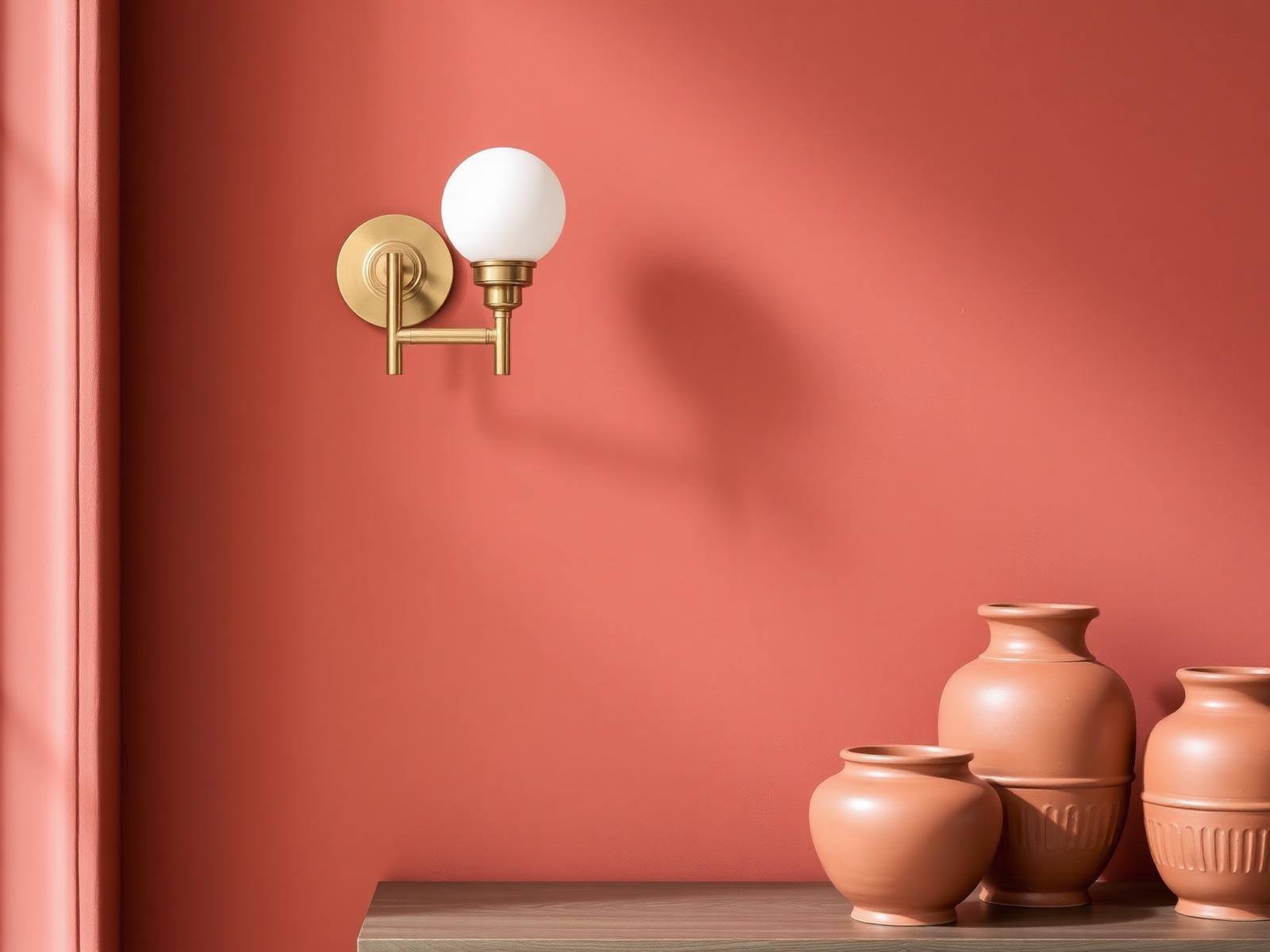 Deep terracotta wandgedeelte met brass globe lamp en clay vases
