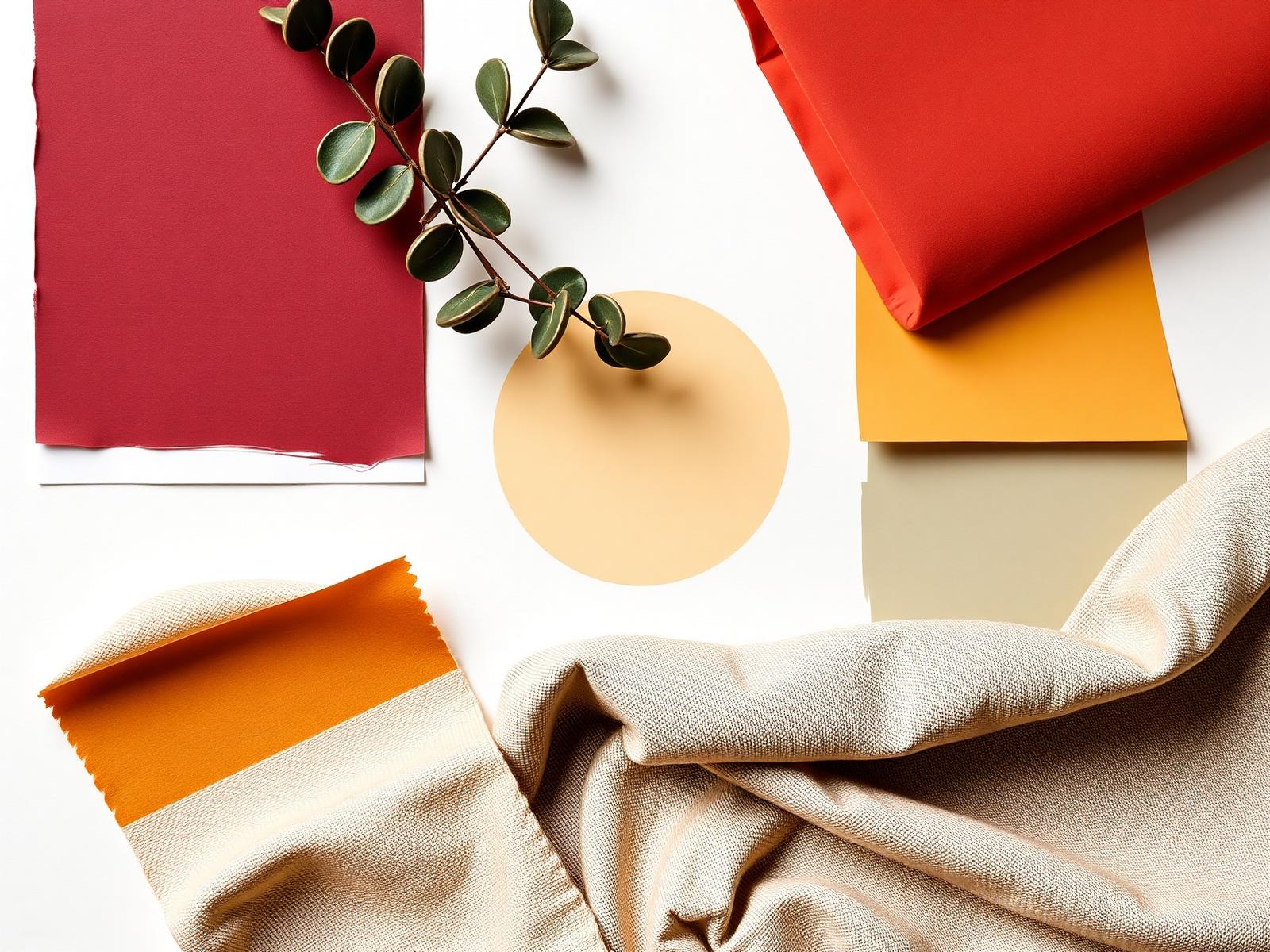Flatlay van 2026 interieur kleurtrend swatches: burgundy, terracotta, mustard, sage, putty