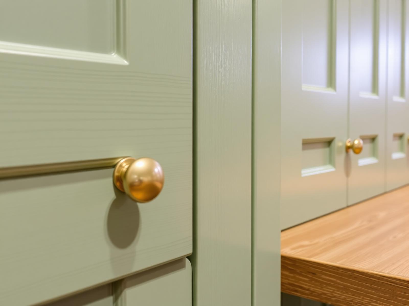 Detail sage groene shaker kast met brass knop en oak werkblad