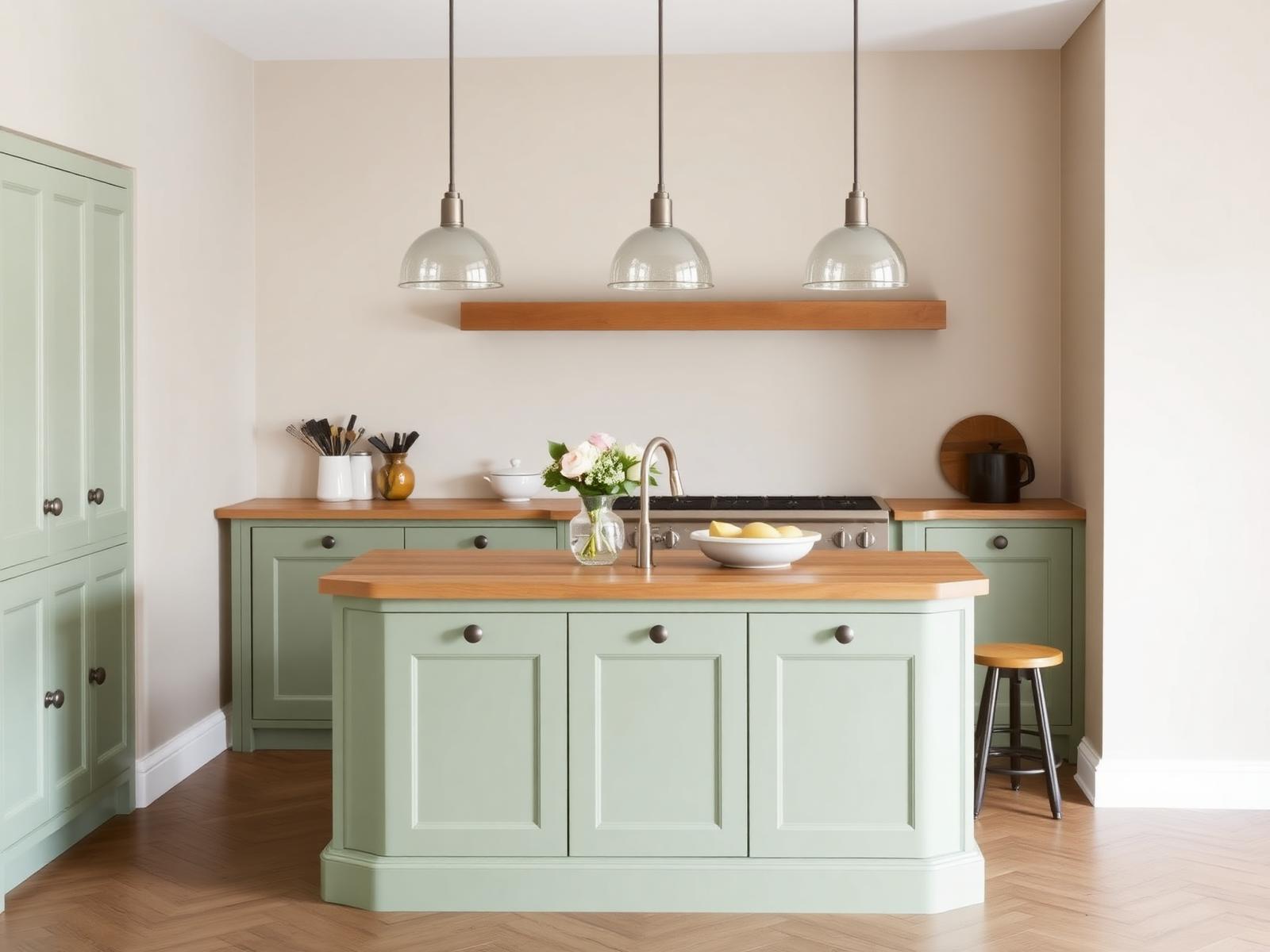 Sage landelijke keuken met oak werkblad en moderne pendant lampen