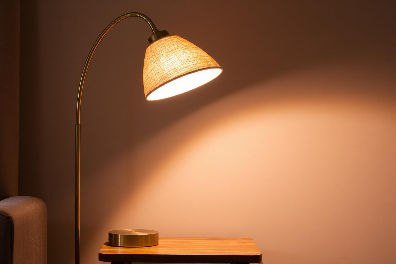 Warme dimbare wandlamp naast linnen hoofdeinde