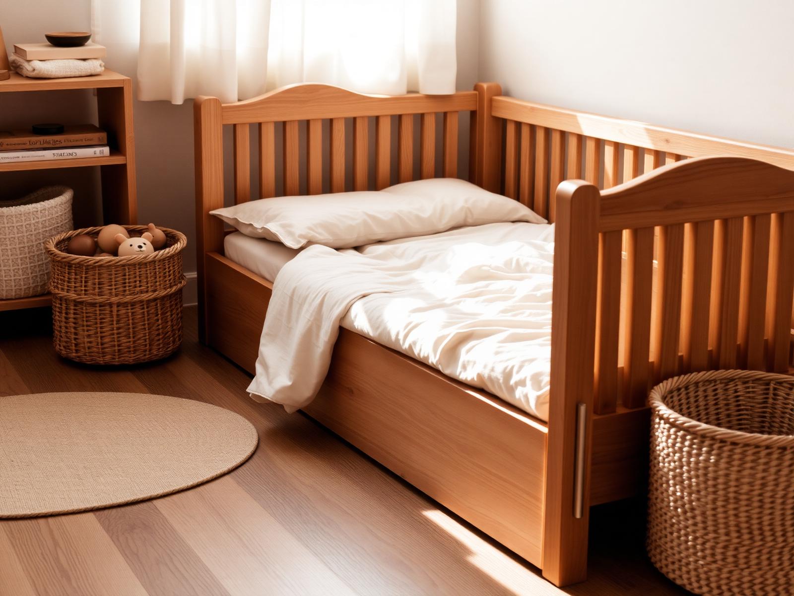 Montessori vloerbed in licht eiken met mand met houten speelgoed