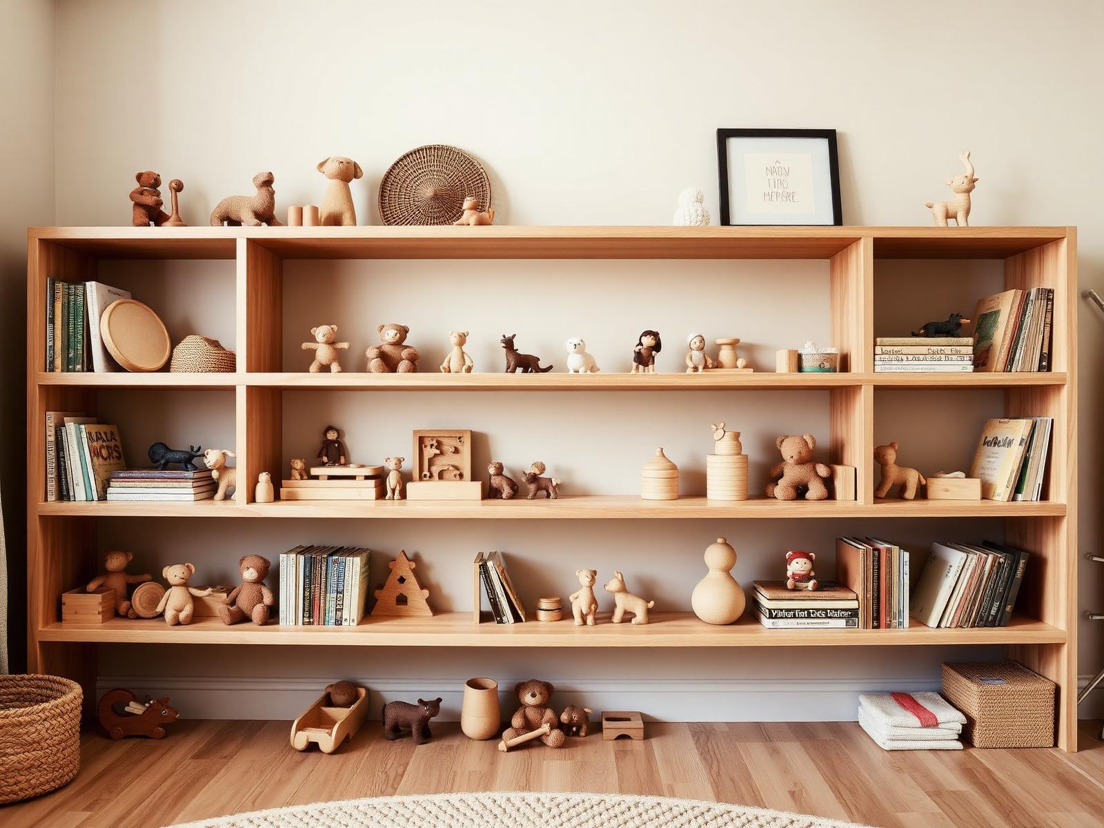 Lage open eikenhouten kast met netjes gepresenteerd houten speelgoed