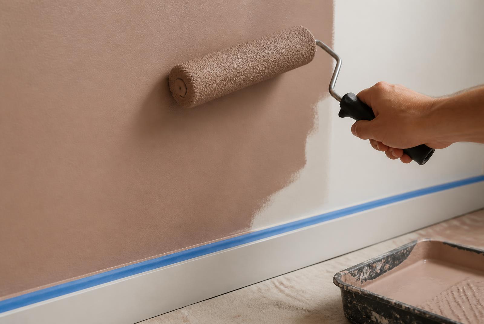 Roller met zachte kleiverf op een woonkamermuur, plint afgeplakt met tape en een verfbak op de vloer