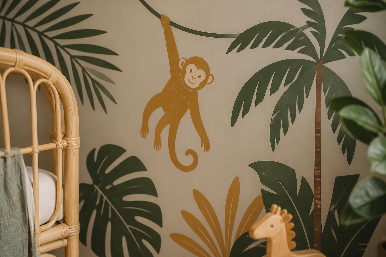 Detail van jungle-muurstickers met aap en palmbladeren in bosgroen en oker op een greige wand naast een rotan ledikant