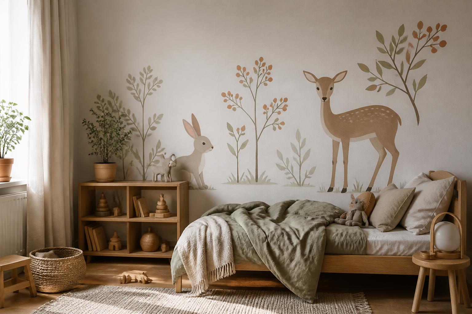 Kinderkamer met grote matte muurstickers van een hertje en een haas in zachte klei- en salietinten boven een laag houten bed