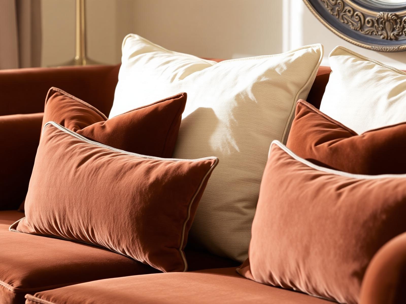 Mocha bruine fluwelen sofa met crème linnen kussens