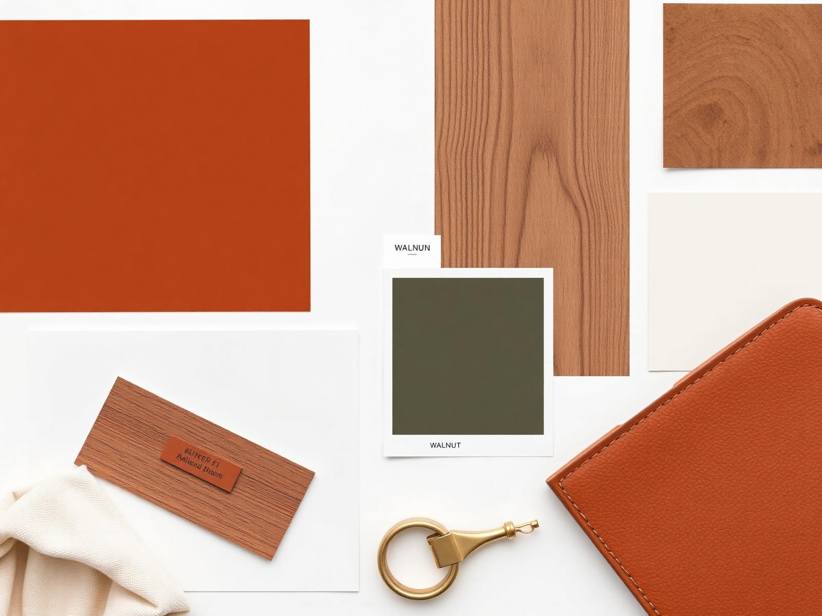 Mood board flatlay van interieurpalet 2026: bruin, walnoot, crème, olijf en brass
