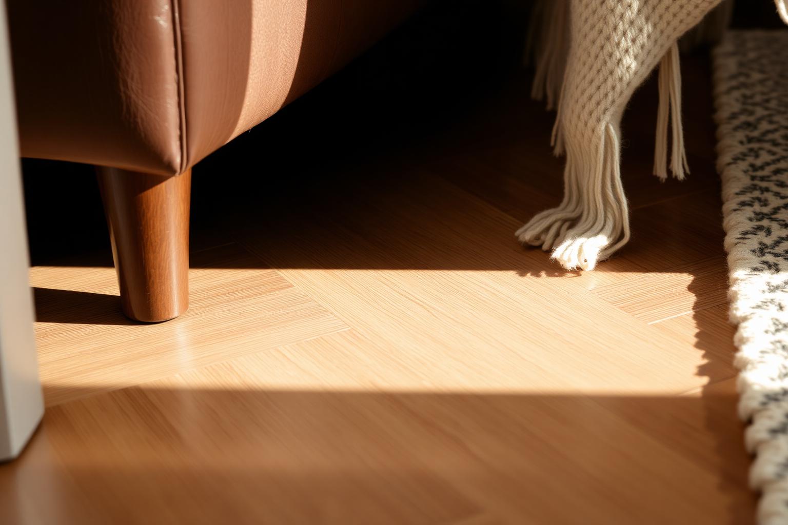 Detail van een visgraatvloer in warm eiken met daglicht erop