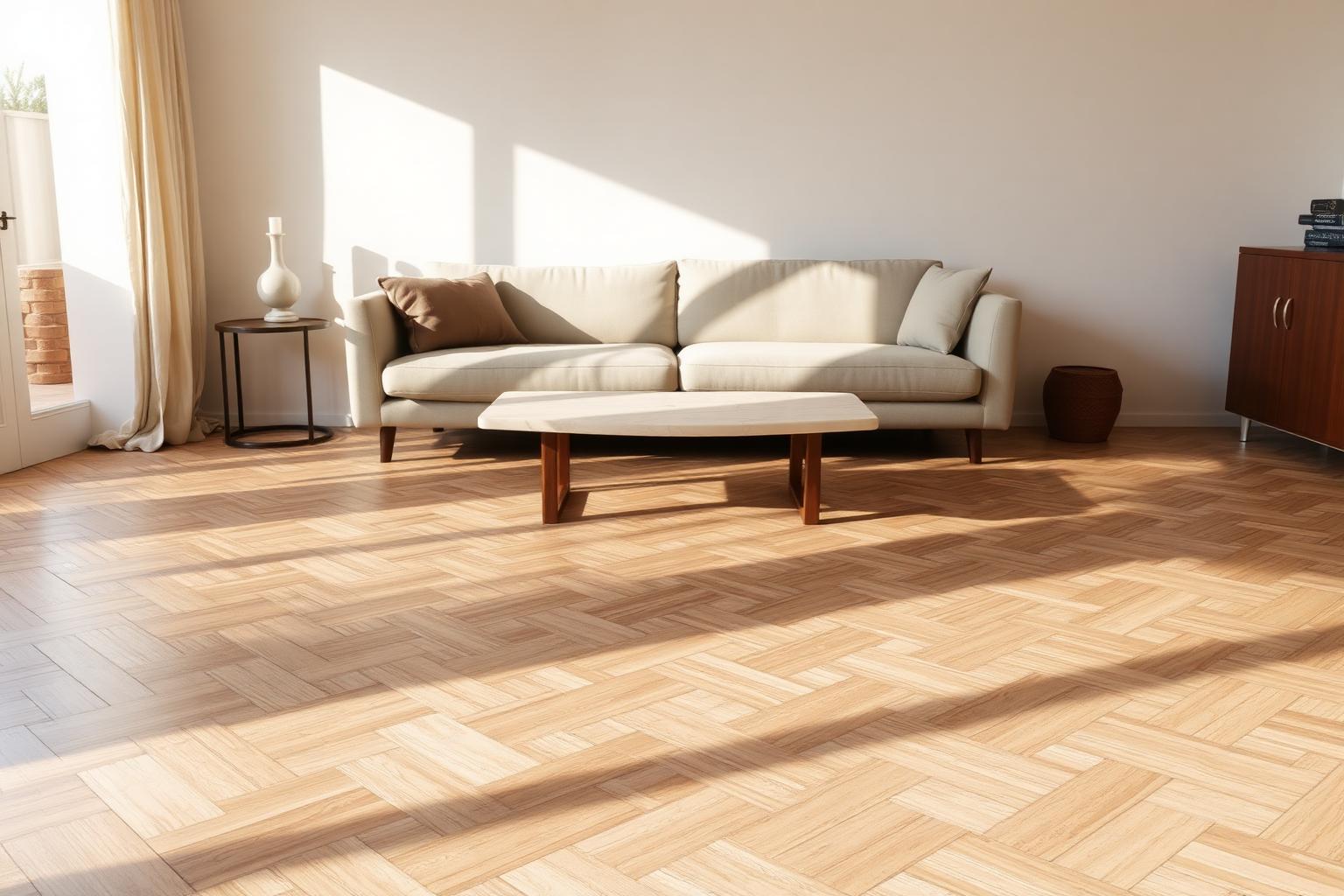 Scandinavische woonkamer met visgraatvloer en bouclé bank