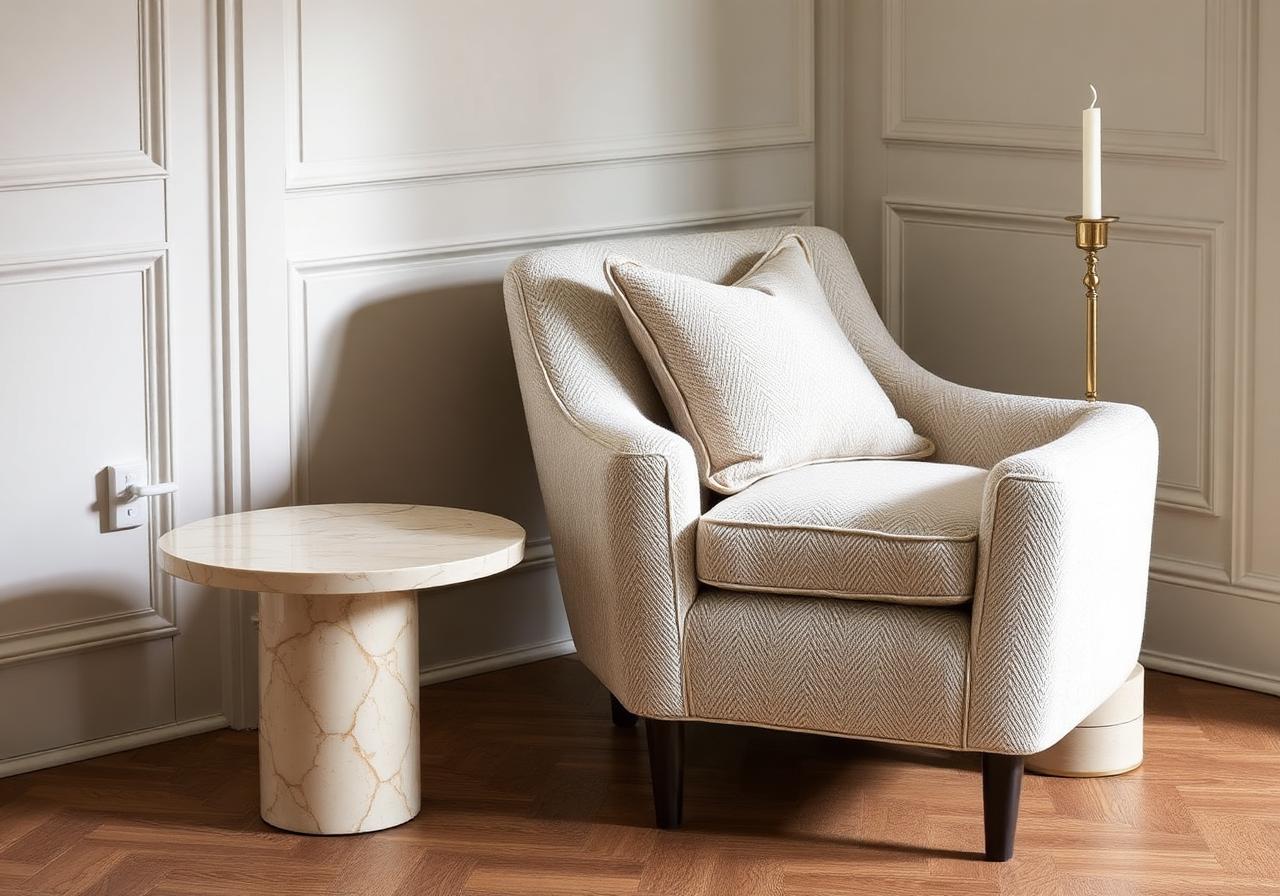 Detail van crème boucle fauteuil naast travertine bijzettafel en messing kandelaar