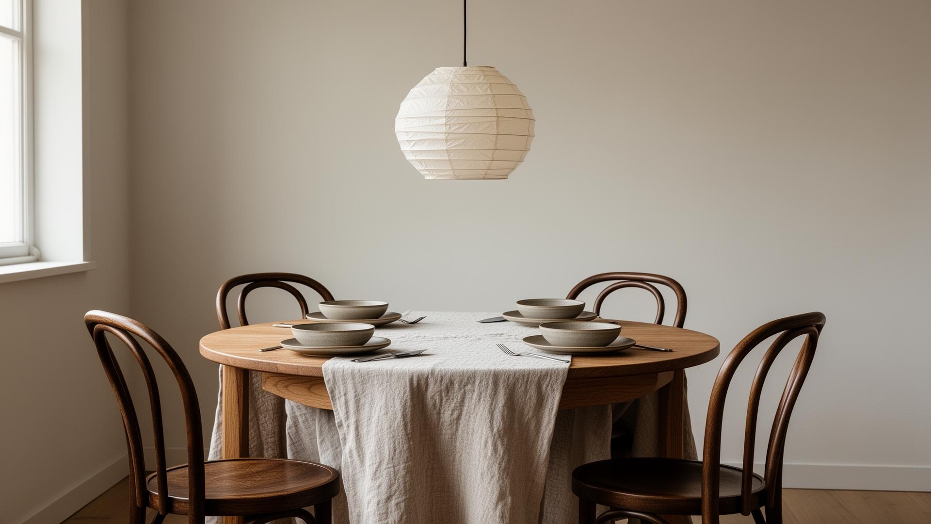 Ronde eikenhouten eettafel met bentwood-stoelen, linnen tafelkleed en stoneware kommen