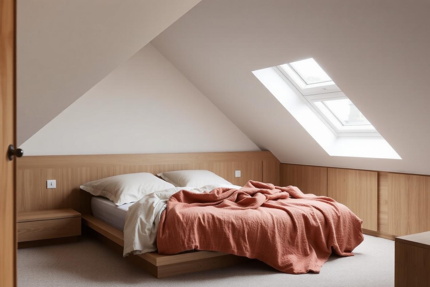 Bed laag onder een schuin dak met velux raam en op-maat-gemaakte oak kasten langs kniewand