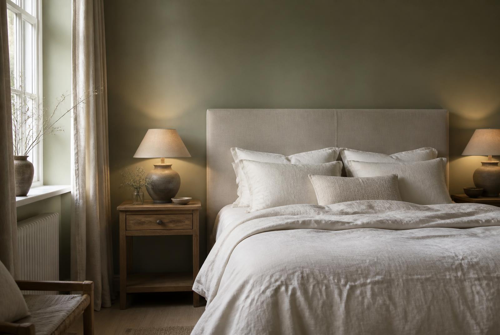 Slaapkamer met zachte saliegroene wand, gestoffeerd linnen hoofdbord, off-white beddengoed en twee gedimde bedlampen